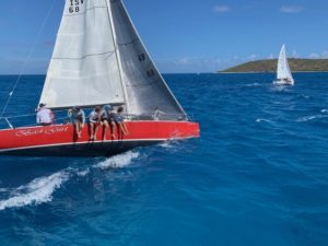 Bad Girl, skippered by Mackenzie Bryan and crewed by young St. Croix sailors, competes in the spinnaker class. (Anne Salafia photo)