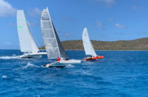 Multihulls Morrello, from St. Croix, and BVI racers Lucky 7 and Whoop Whoop start the race neck and neck. (Anne Salafia photo)