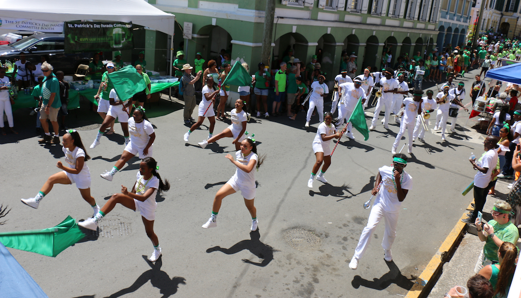 The Marching Caribs of St. Croix's Central High School step off with ene\rgy. (Linda Morland photo)