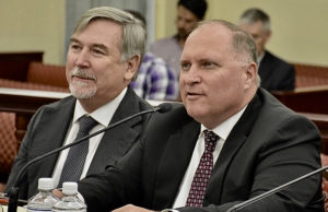 AECOM Caribe Senior Vice President Randall Taylor, right, and Deputy Program Manager Brian Dowling testify at Tuesday’s Finance Committee Hearing. (Photo by Barry Leerdam for the V.I. Legislature)