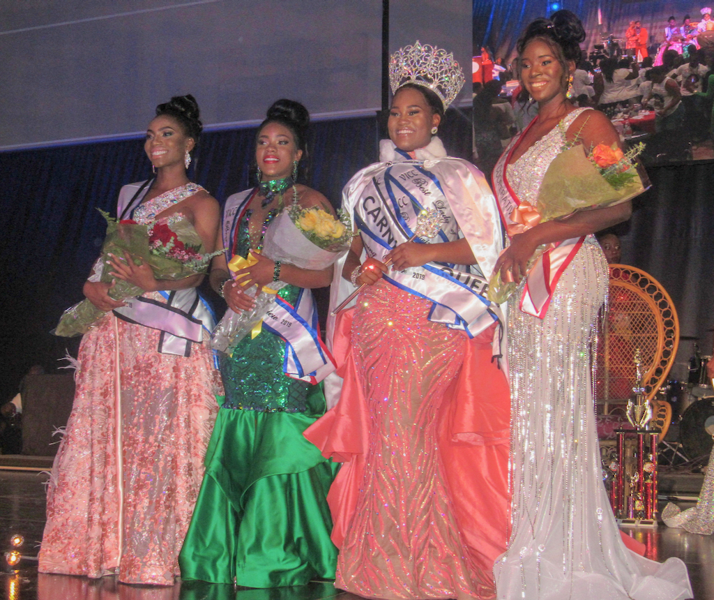 From left, Kimorah-Lin Blackett, Cha-Niesha Rhymer, 2019 VI Carnival Queen S’Ence Watley and Shelaya Mathurin are all smiles after the pageant.
