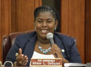 Sen. Allison Degazon (D-STT) questions Callwood and O'Neal at Tuesday's Finance Committee hearing. (Photo by Barry Leerdam, V.I. Legislature) 