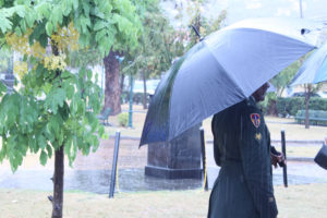 Veterans braved the rain while listening to opening statements in Franklin D. Roosevelt Veterans Park.