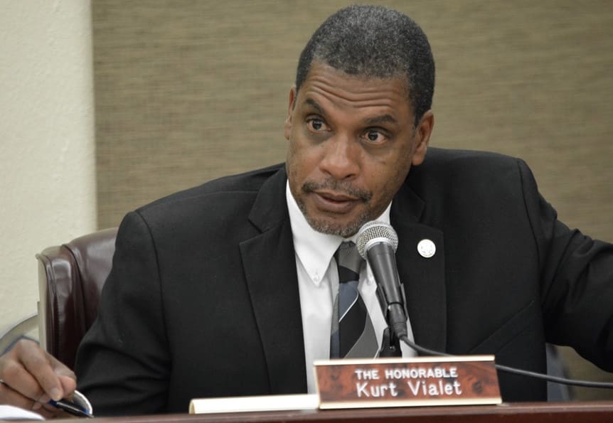 Sen Vialet introduces his school calendar bill at a committee hearing Monday. (Photo by Barry Leerdam, Legislature of the Virgin Islands)