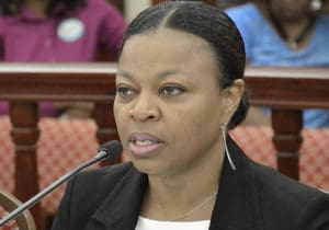 Budget Director Jenifer O’Neal testifies Tuesday. (Photo by Barry Leerdam for the USVI Legislature)