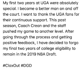On May 28 Claxton tweeted this message announcing his eligibility for the 2019 NBA Draft.