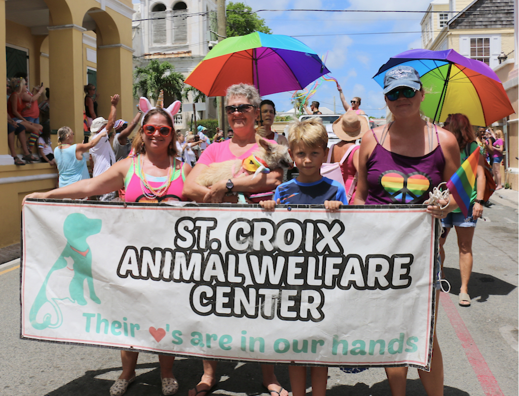 Decked in bright rainbow colors members of the St. Croix Animal Welfare Center turned out with even brighter smiles. (Linda Morland photo)