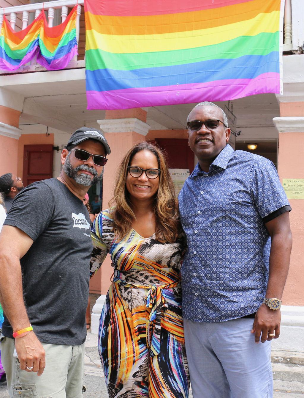 From left, Administrator Sammuel Sanes, first lady Yolanda Bryan and Gov. Albert Bryan, show their support for the second annual St. Croix Pride Parade. (Linda Morland photo)