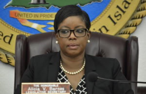 Sen. Alicia Barnes expresses frustration with the representative from various government agencies testifying Wednesday on hurricane preparedness. (Photo by Barry Leerdam, USVI Legislature)
