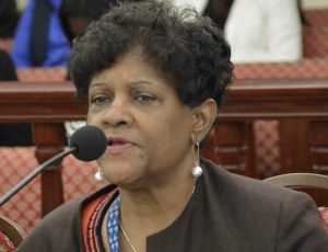 WAPA’s legal counsel, Lorelei Farrington, tells senators there is an FBI investigation into millions of dollars of WAPA money wired overseas. (Photo by Barry Leerdam, Legislature of the Virgin Islands)