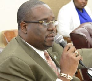 Sen. Kenneth Gittens questioned WAPA officials about disappearing millions. (Photo by Barry Leerdam, Legislature of the Virgin Islands)