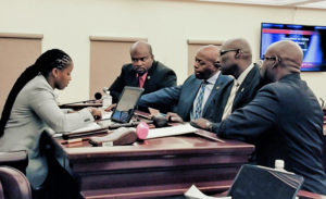 From left, Rules Committee Chairman Janelle Sarauw confers with Sens. Steven Payne, Myron Jackson, Novelle Francis and Oakland Benta at Monday’s hearing. (Photo Courtesy of the V.I. Legislature)