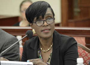 Attorney General Denise George-Counts delivers testimony during Wednesday's meeting of the Senate Committee on Homeland Security, Justice and Public Safety. (Photo by Barry Leerdam, Legislature of the Virgin Islands)
