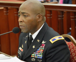 Col. Kodjo Knox-Limbacker, nominated to be adjustant general of the V.I. National Guard, testifies Thursday before the Senate Committee on Rules and Judiciary. (Photo by Barry Leerdam, Legislature of the U.S. Virgin Islands)