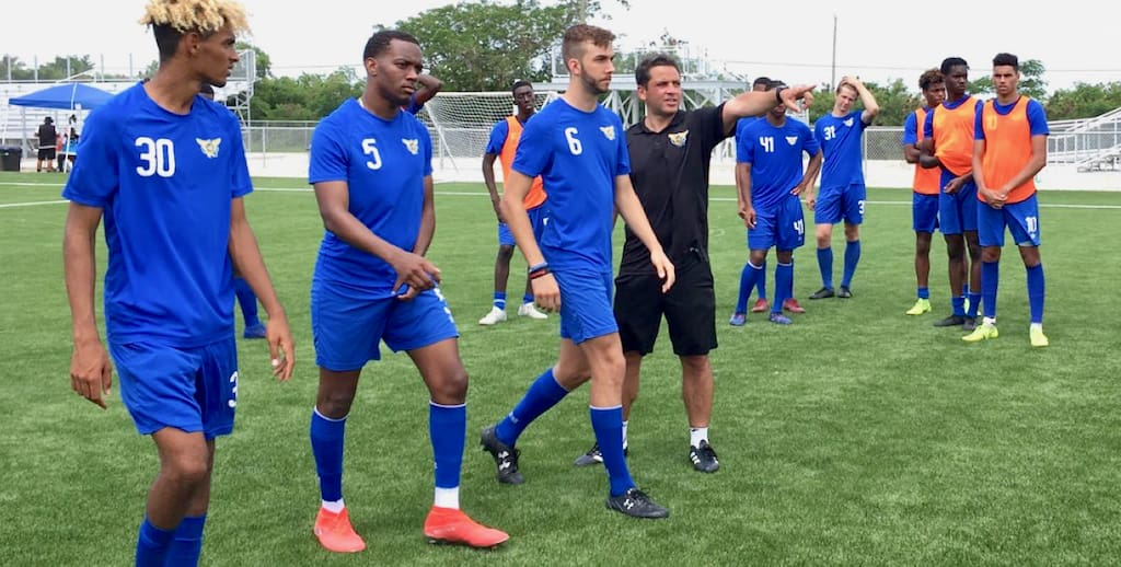 The territory's U-23 team receives instruction during the June training camp at the new Bethlehem Soccer Complex on St. Croix. (Source photo by Kyle Murphy)