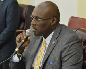 Sen. Novelle Francis speaks to various bills during the Rules and Judiciary Committee meeting held on Aug. 26, 2018. (Photo by Barry Leerdam for the USVI Legislature)