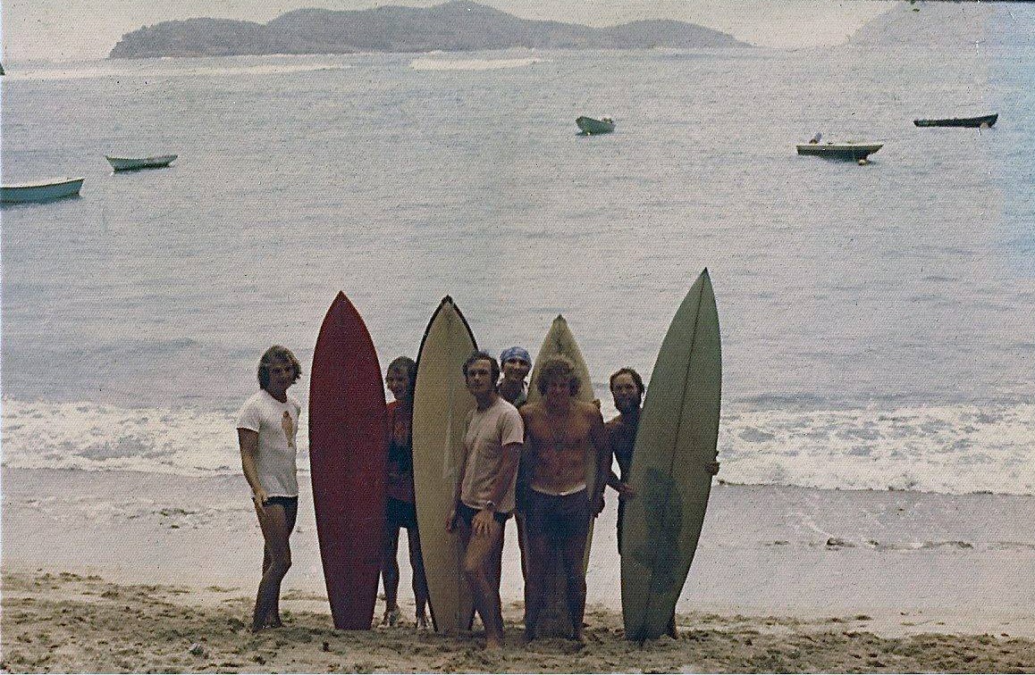 Surfing together on the island of St. Thomas in the early 1970s stand, from left, Don Edwards, Harry Hunter, Mick Kollins, Byron Newland, Charles Edwards and Michael Kiddon. (Photo provided by Don Edwards)