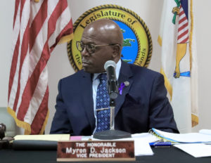 Sen. Myron Jackson, chairman of the Senate Committee on Culture, Historic Preservation, and Aging, listens to testimony during Friday’s hearing on St. Croix. (Photo by Bernard Matthew)