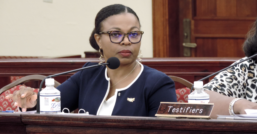 Jenifer O’Neal testifies Tuesday. (Photo by Barry Leerdam for the V.I. Legislature)