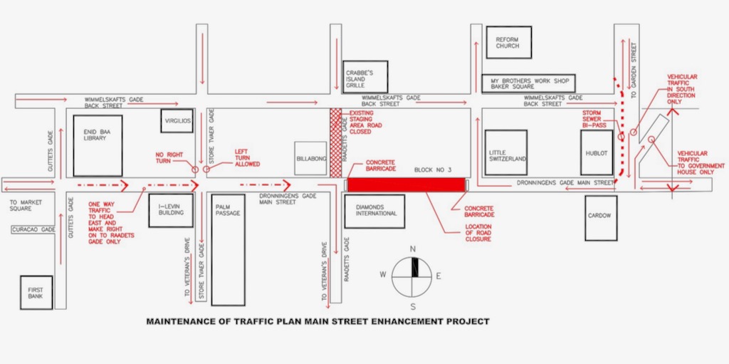 The section of Main Street marked in red closed for cobblestone work in July 2019. (Department of Public Works image)