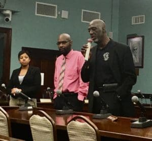 Police Commissioner Celvin Walwyn outlines the benefits of joining the VIPD while Marsha Marcelle and Dwayne Richards from VIPD Human Resources listen. (Source photo by Amy Roberts)