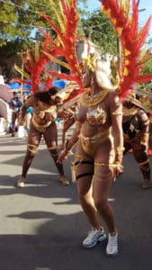 Lulu Carter is a newcomer to St. Croix, and was happy for the chance take part in the parade with the Prestige Troupe. (Source photo by Carol Buchanan)