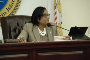 Sen. Donna Frett-Gregory leads Tuesday’s Committee on Education and Workforce Development meeting. (V.I. Legislature photo)