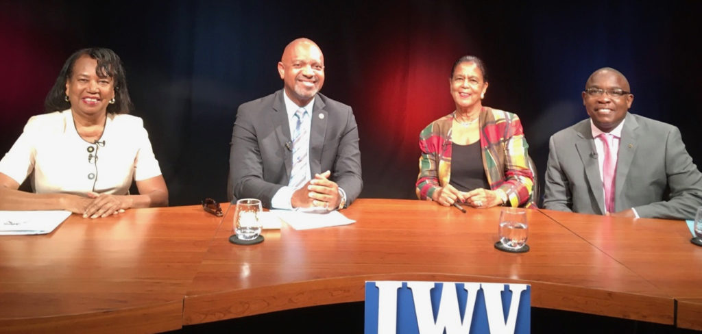 LWV president Gwen Moolenaar, left, conducts televised candidate interviews with Tregenza Roach, Wilma Marsh Monsanto and Albert Richardson. (Photo provided)
