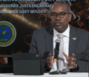 Gov. Albert Bryan, Jr. explains Monday why he is extended the territory’s stay-at-home order for another month, to April 30. (Image captured from Government House live stream)