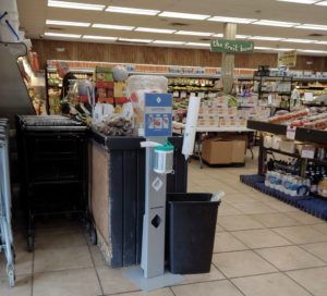 The hand sanitizer station at the Fruit Bowl is where it has been for the last 15 years. (Source photo by S. Pennington)