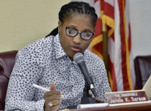 Sen. Janelle Sarauw questions witnesses during Thursday’s Health, Hospitals, and Human Services Committee hearing. (Photo by Chaunte Herbert for the V.I. Legislature)