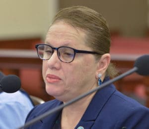 V.I. Department of Health Commissioner Justa Encarnacion testifies during Thursday’s Health, Hospitals, and Human Services Committee hearing. (Photo by Chaunte Herbert for the V.I. Legislature)