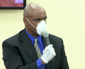 Sen. Dwayne DeGraff wears a during Friday’s session. (Image from V.I. Legislature video stream)