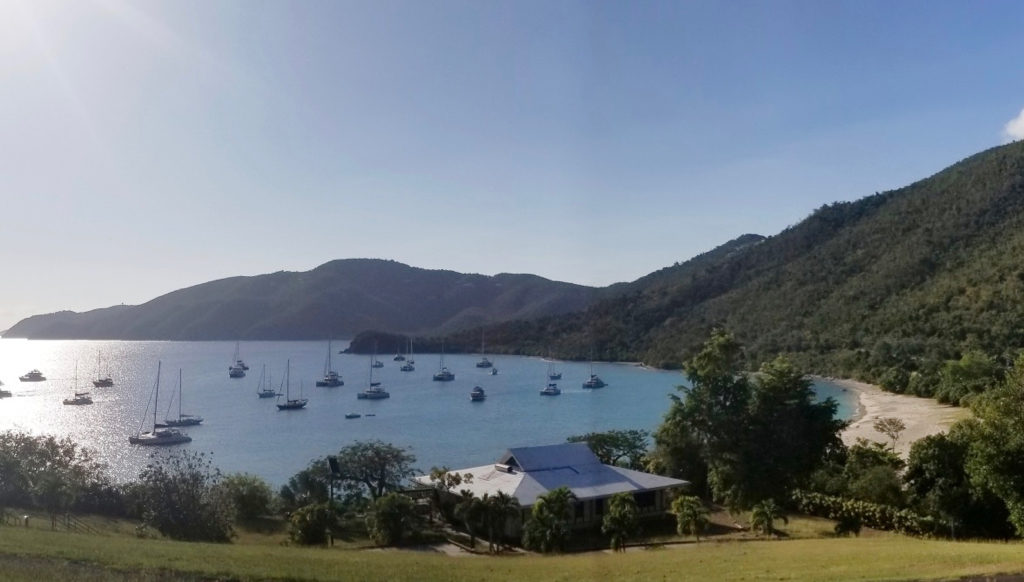 An unusual number of boats are moored in Brewers Bay. (Source photo by Bethaney Lee)