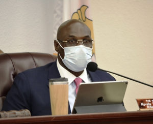 Committee of the Whole Chairman Novelle Francis Jr. leads Wednesday’s Senate meeting while wearing his protective mask. (Photo by Barry Leerdam for the V.I. Legislature)