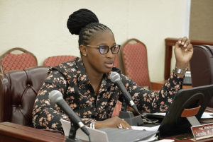 Sen. Janelle Sarauw tells the Olive family she finds their proposal is economically sustainable and environmentally friendly. (Photo by Barry Leerdam, Legislature of the Virgin Islands)