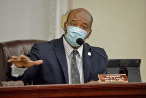 Sen. Steven Payne Sr., chairman of the Committee on Homeland Security, Justice, Public Safety, and Veterans’ Affairs, speaks during Tuesday’s committee meeting. (Photos by Barry Leerdam, Legislature of the Virgin Islands)