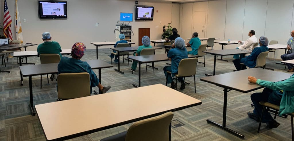 The JFL operating room staff undergo training on the hospital's new Storz Laparoscopic Tower on Thursday.