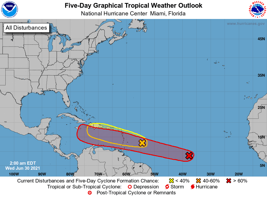 The National Hurricane Center is monitoring two disturbances in the tropical Atlantic, including one with a high chance of formation into a tropical storm over the next five days. (National Hurricane Center graphic)