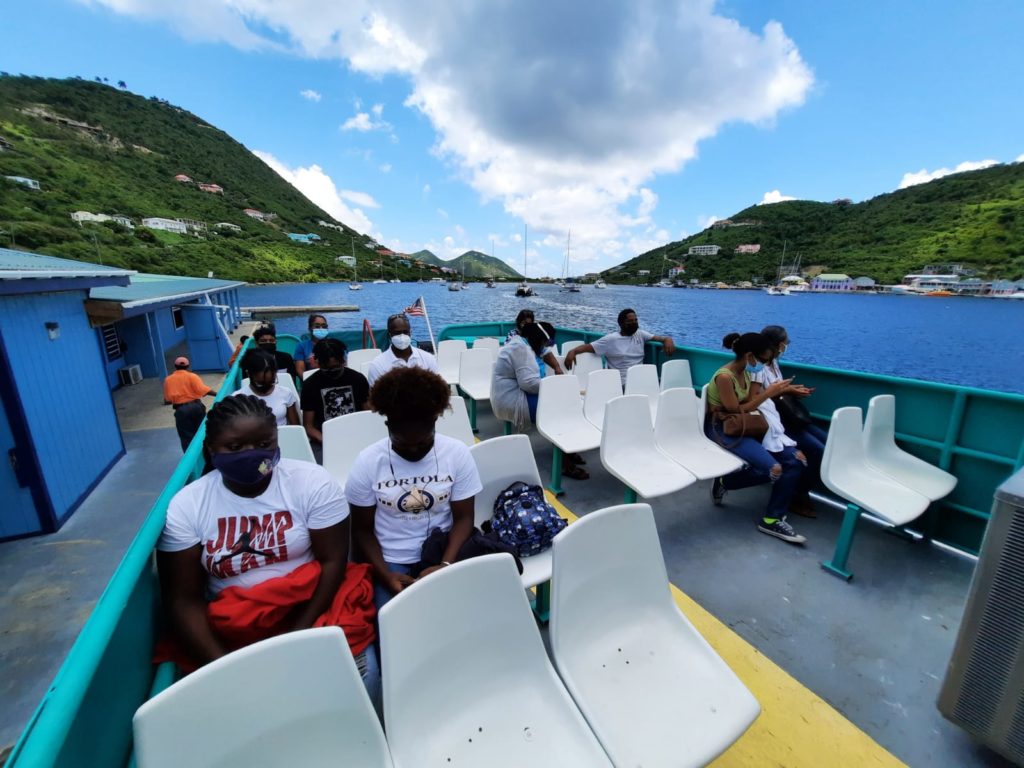 The first cohort of residents of the BVI-USVI Vaccination Bubble Initiative travel by ferry from Tortola to St. John on Aug. 3 to receive COVID-19 vaccinations. (Photo by BVI government)