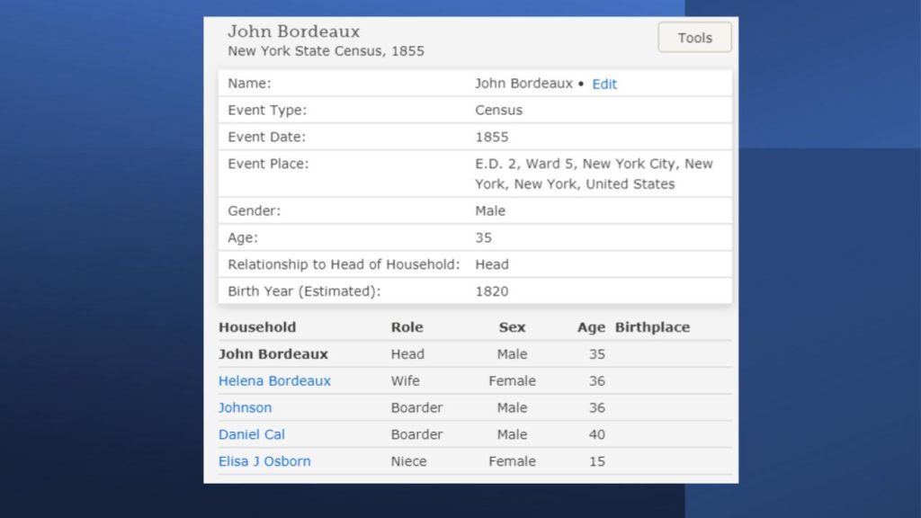 The 1855 census shows John Bordeaux living in New York with a wife and niece. (Image from the New York State Census, 1855)