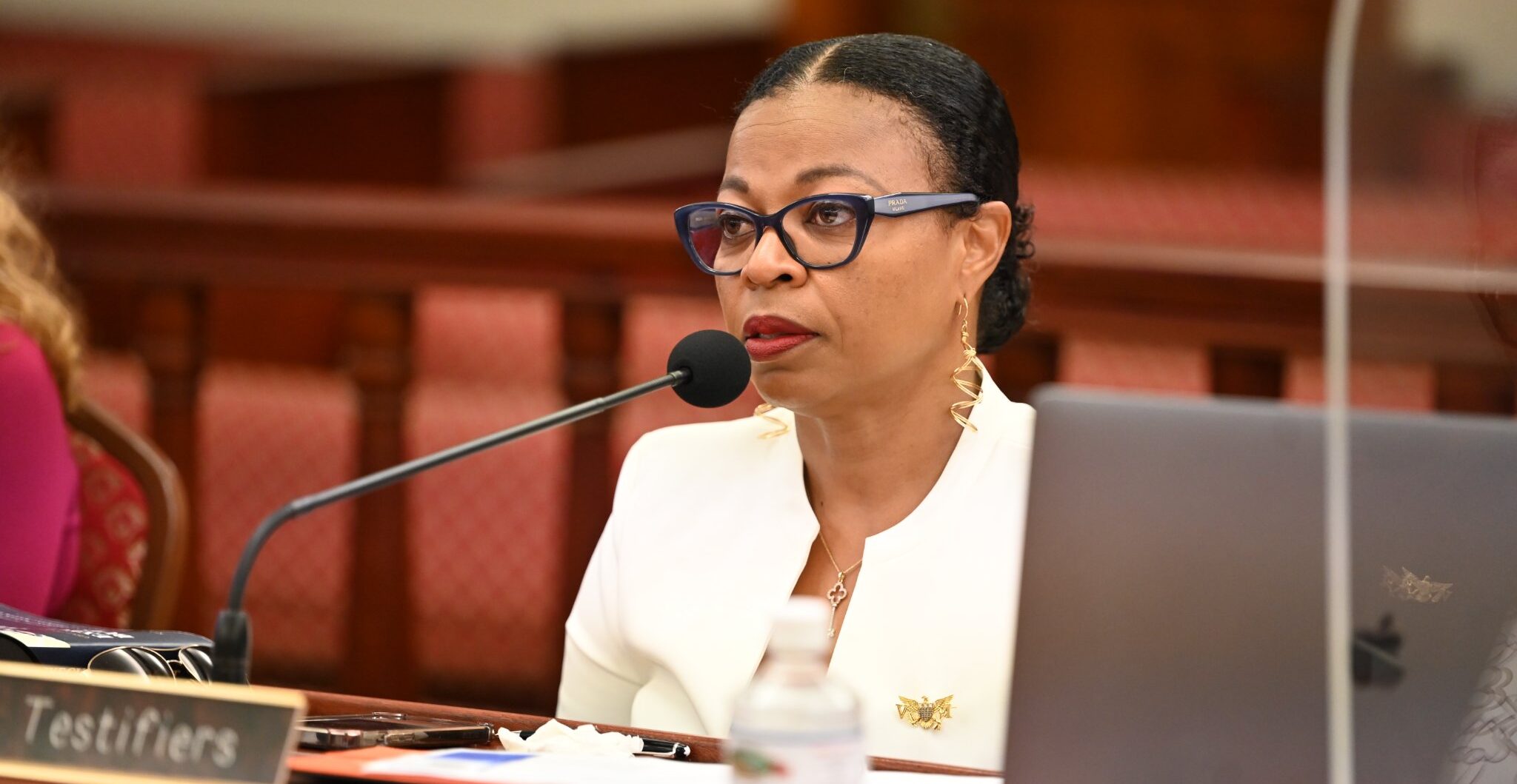 Jenifer O'Neal, director of the Office of Management and Budget, delivers testimony on the government's 2023 budget on Monday before the Senate Committee on Finance. (Photo by the V.I. Legislature)