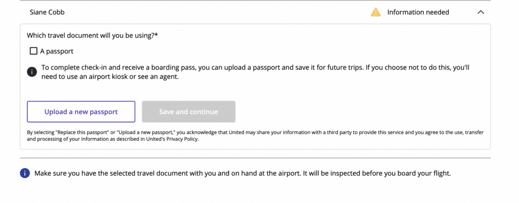 United Airlines requires residents of the U.S. Virgin Islands to upload their passports before they can proceed to check in for flights to the U.S. mainland. There is no option to upload any other form of identification. (Screenshot from United Airlines website)