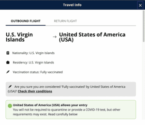 Because United Airlines apparently considers the U.S. Virgin Islands an international destination, it requests travelers’ COVID-19 vaccine status, as evidenced by this webpage, which lists the nationality as “U.S. Virgin Islands” and asks, “Are you sure you are considered ‘Fully vaccinated” by United States of America?” (Screenshot from United Airlines website) 