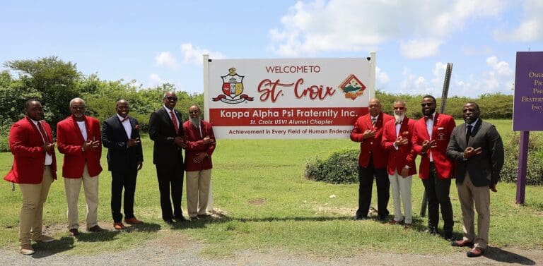 St. Croix, USVI Alumni Chapter Brothers L-R: Devante Joseph -Vice Polemarch, Stewart Shultebrandt, Major General Kodjo Knox Limbacker, Honorable Governor Albert Bryan Jr., James Dunn, Antonio Emanuel, Gregory Davila, Didier Hughes III-Polemarch, Hakim Donadelle (Submitted photo)