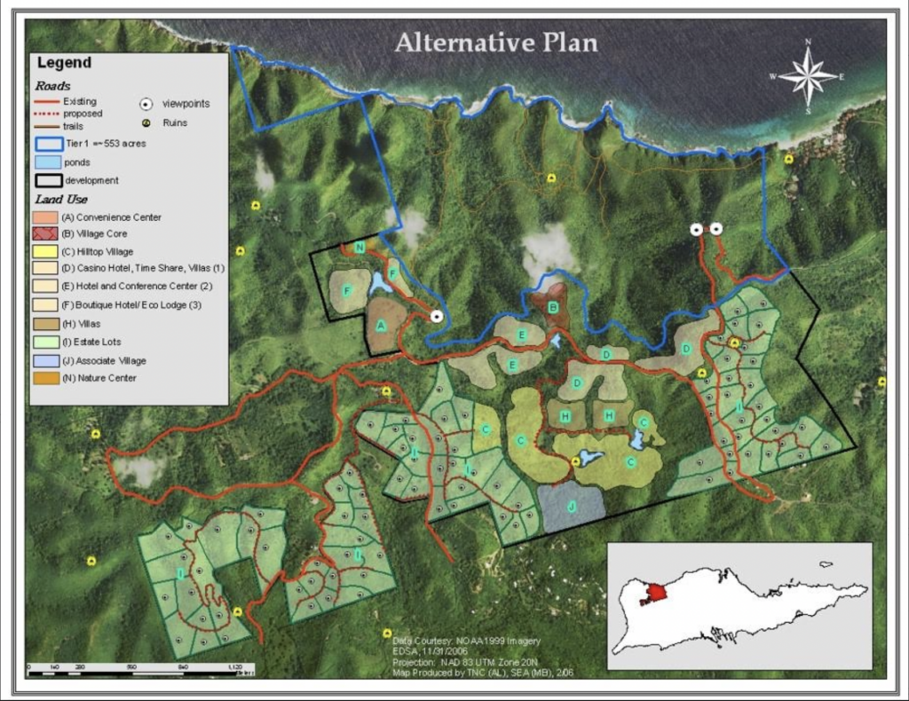 In 2005, this was the alternative plan for Annaly Bay watershed development. Major impacts on cultural, historical, and marine resources. (Image courtesy of Olasee Davis)