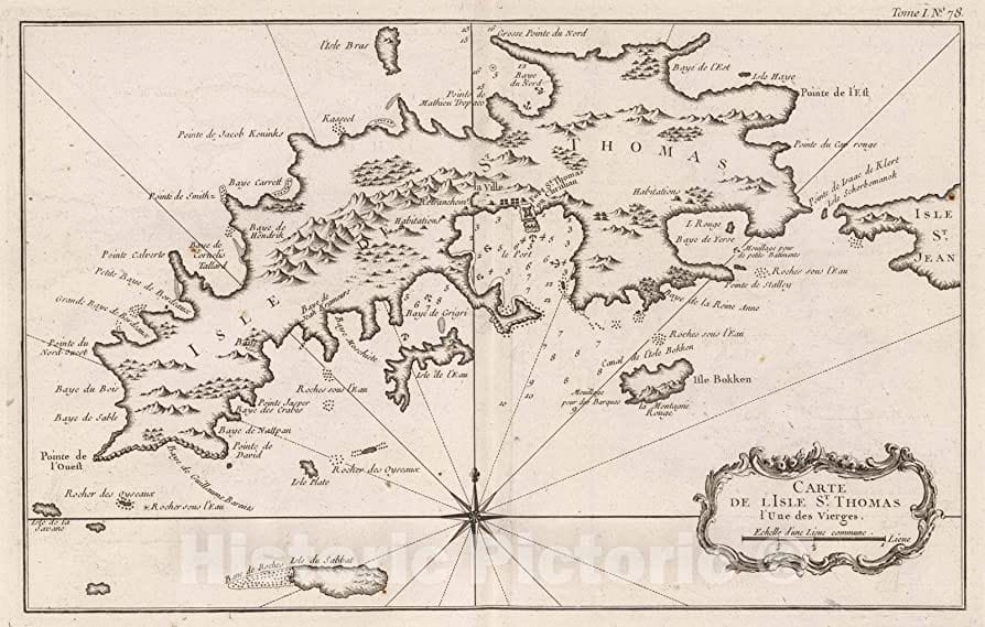 A historic map of St. Thomas, 1764. From the east end of St. Thomas, St. John is about 2 miles away. (Image courtesy of Olasee Davis)