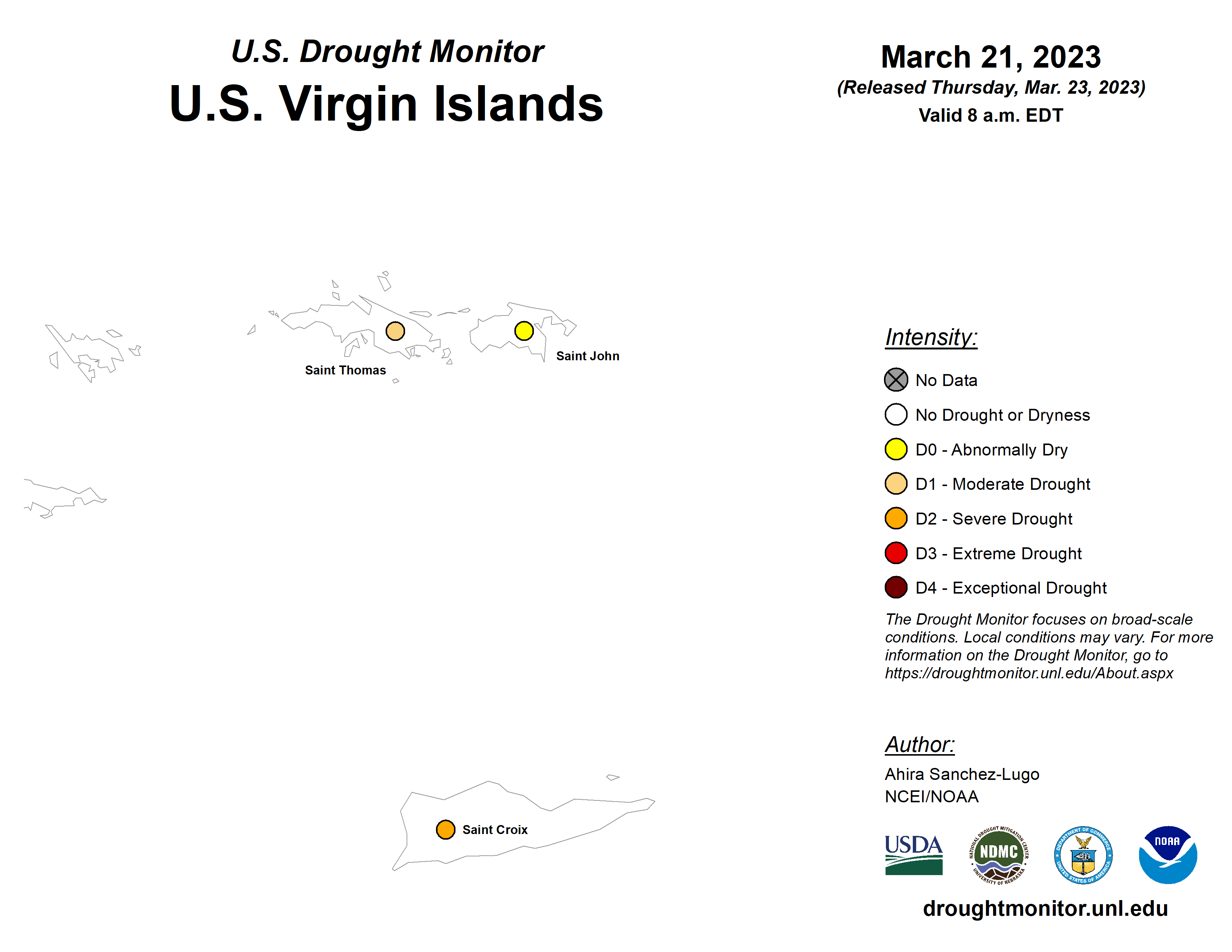 A U.S. Drought Monitor map of the USVI detailing the status of the drought in the territory.
