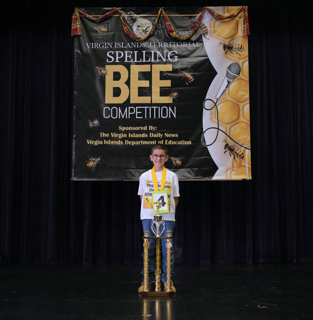 Following 26 intense rounds of competition, Ricardo Richards Elementary School fifth-grader Abdel Bazzar emerged as the winner Thursday of the 2023 Territorial Spelling Bee, now in its 50th year. His winning word was “realm.” (Photo courtesy V.I. Education Department)