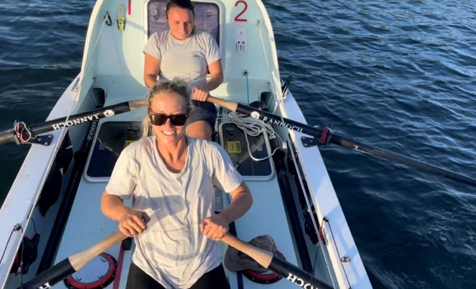 Nini Champion (front), and crew on TAZ for STIR, and Lisa Roland, on their transatlantic rowboat. (Photo courtesy Team Ocean Grown)